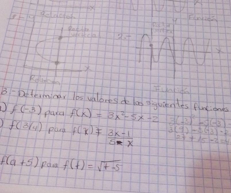 1-4 Reldoot
Ret ther
werthcak 
Reliaa
3 - Determinar los valores de oo siguienles fnciones
) f(-3) para f(x)=3x^2-5x-2 3(-3)^2-5(-3)
) f(3/4) para f(x)!=  (3x-1)/5-x 
3(9)-5(-3)-2
27+15-2=4
f(a+5) Paia f(t)=sqrt(t-5)