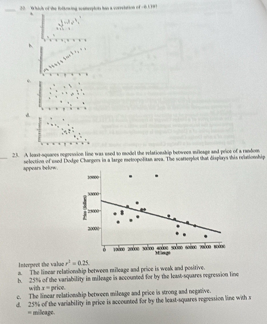 Which of the following scatterplots has a correlation of =0.130°
a.


b.
d.
_
23. A least-squares regression line was used to model the relationship between mileage and price of a random
selection of used Dodge Chargers in a large metropolitan area. The scatterplot that displays this relationship
appears below.
35000
30000
5 25000 8
20000
ò 10000 20000 30d00 40000 50d00 60000 70000 80000
Mileago
Interpret the value r^2=0.25.
a. The linear relationship between mileage and price is weak and positive.
b. 25% of the variability in mileage is accounted for by the least-squares regression line
with x= price.
c. The linear relationship between mileage and price is strong and negative.
d. 25% of the variability in price is accounted for by the least-squares regression line with x
= mileage.