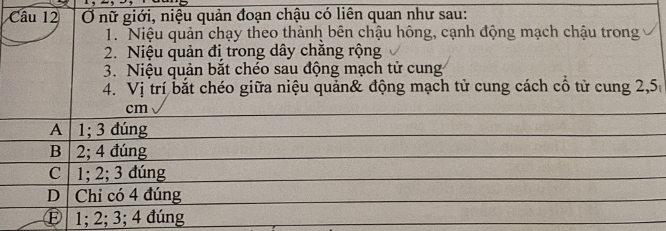 Ở nữ giới, niệu quản đoạn chậu có liên quan như sau:
1. Niệu quản chạy theo thành bên chậu hông, cạnh động mạch chậu trong
2. Niệu quản đị trong dây chăng rộng
3. Niệu quản bắt chéo sau động mạch tử cung
4. Vị trí bắt chéo giữa niệu quản& động mạch tử cung cách cổ tử cung 2,5
cm
_
A 1; 3 đúng
_
B 2; 4 đúng
C 1; 2; 3 đúng
D Chỉ có 4 đúng
E 1; 2; 3; 4 đúng