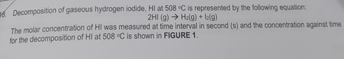 Decomposition of gaseous hydrogen iodide, HI at 508°C is represented by the following equation:
2HI(g)to H_2(g)+I_2(g)
The molar concentration of HI was measured at time interval in second (s) and the concentration against time 
for the decomposition of HI at 508°C is shown in FIGURE 1.