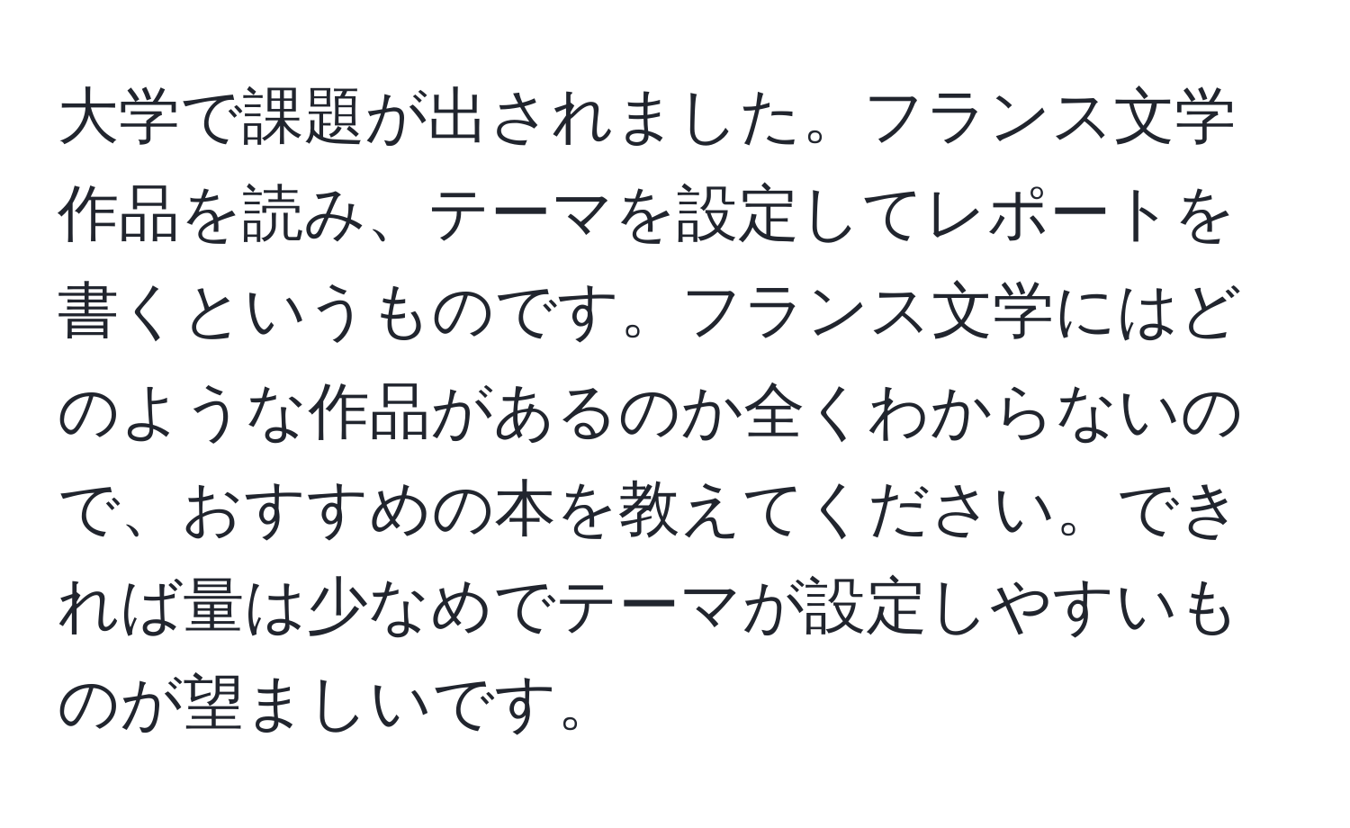 大学で課題が出されました。フランス文学作品を読み、テーマを設定してレポートを書くというものです。フランス文学にはどのような作品があるのか全くわからないので、おすすめの本を教えてください。できれば量は少なめでテーマが設定しやすいものが望ましいです。