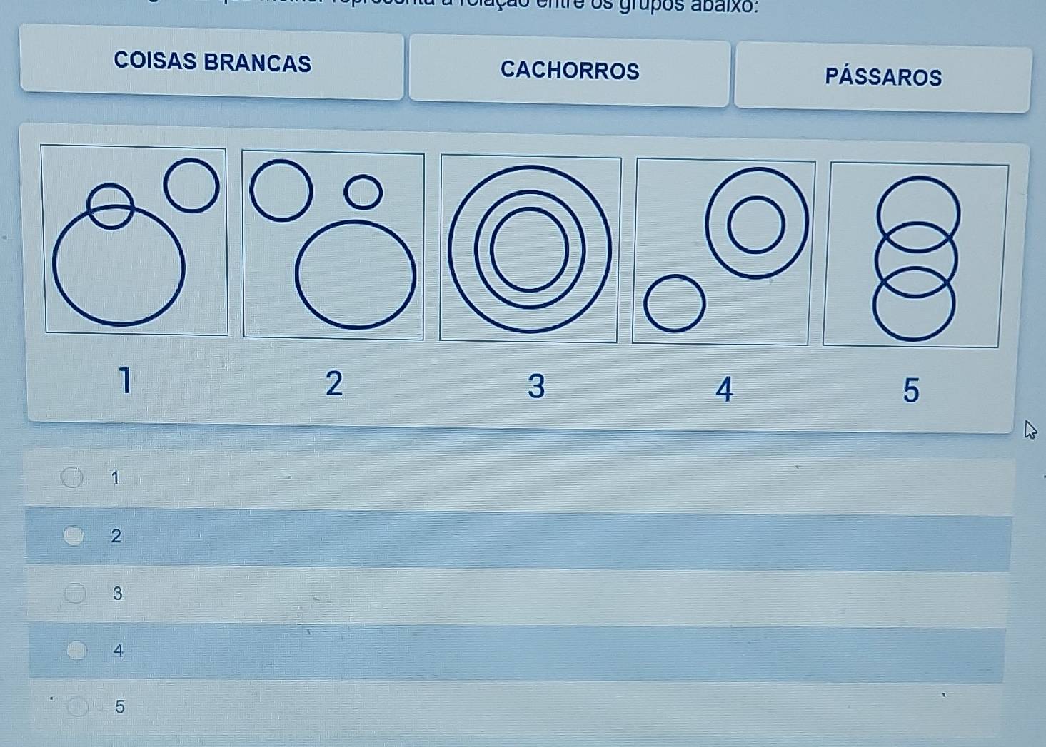 Resolvido:é os grupos abaixo: COISAS BRANCAS CACHORROS PÁSSAROS 1 2 3 4 ...