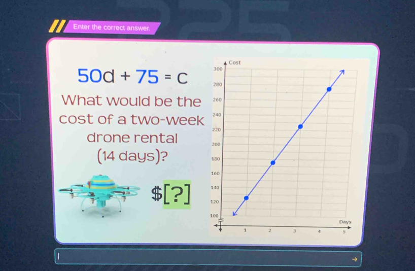 Enter the correct answer.
50d+75=c
What would be the 
cost of a two-week
drone rental 
(14 days)?
$[?]