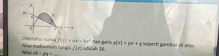 y
y_2 y_1
4
0 8 - x
Diketahui kurva f(x)=ax-bx^2 dan garis g(x)=px+q seperti gambar di atas. 
Nilai maksimum fungsi f(x) adalah 16. 
Nilai ab-pq= _