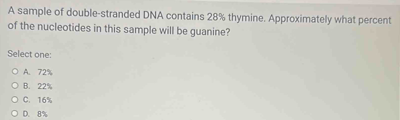 A sample of double-stranded DNA contains 28% thymine. Approximately what percent
of the nucleotides in this sample will be guanine?
Select one:
A. 72%
B. 22%
C. 16%
D. 8%