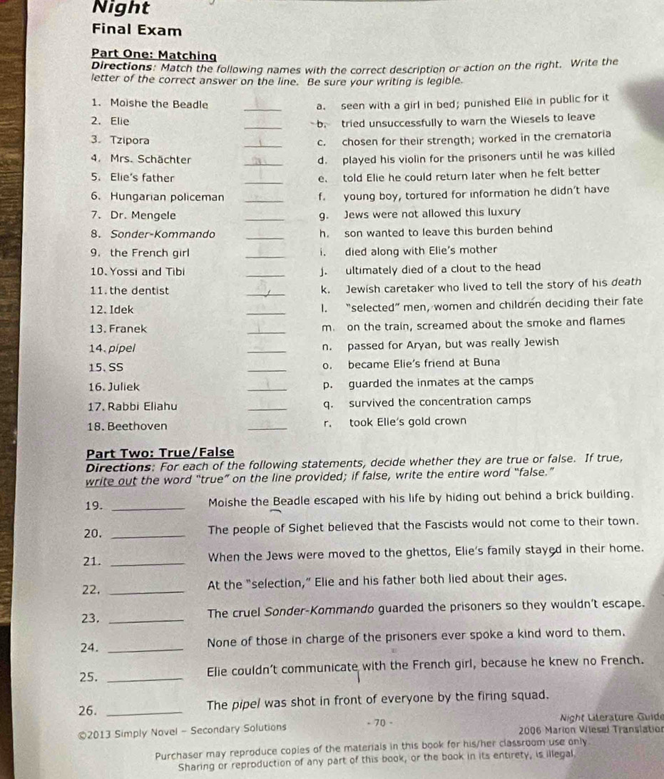 Solved: Night Final Exam Part One: Matching Directions: Match the ...