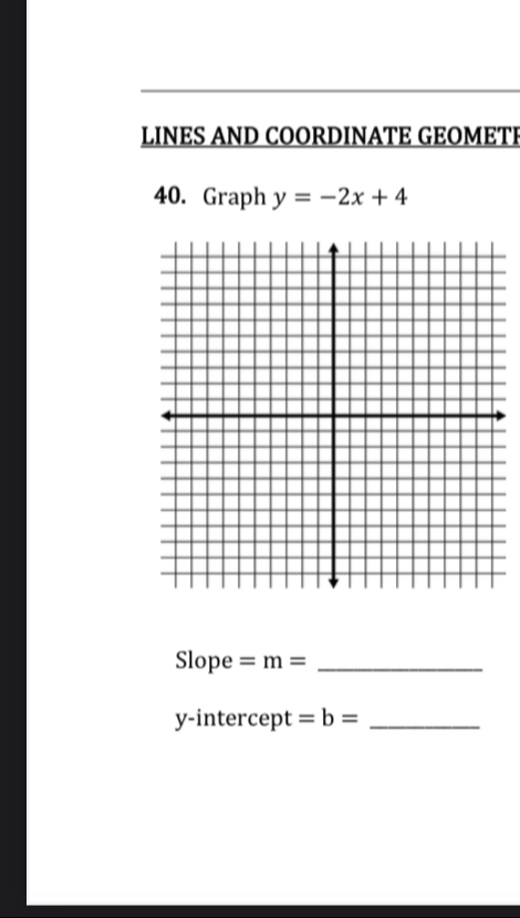 LINES AND COORDINATE GEOMETI 
40. Graph y=-2x+4
Slope =m= _ 
y-intercept = b= _