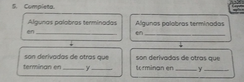 Completa. Cayote 
apíico 
Algunas palabras terminadas Algunas palabras terminadas 
en_ 
en_ 
son derivadas de otras que son derivadas de otras que 
terminan en _y_ terminan en _y_