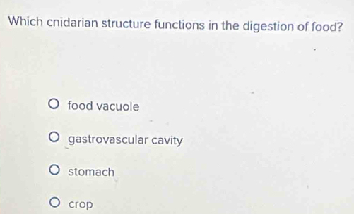 Which cnidarian structure functions in the digestion of food?
food vacuole
gastrovascular cavity
stomach
crop