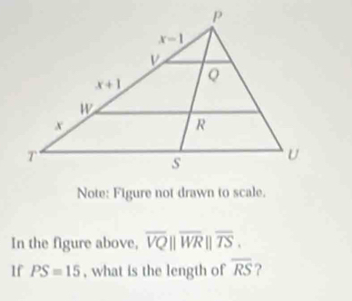 Note: Figure not drawn to scale.
In the figure above, overline VQ||overline WR||overline TS.
If PS=15 , what is the length of overline RS ?