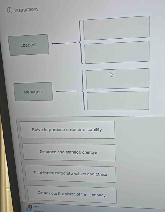 Instructions 
Leaders 
Managers 
Strive to produce order and stability 
Embrace and manage change 
Establishes corporate values and ethics 
Carries out the vision of the company
28°1