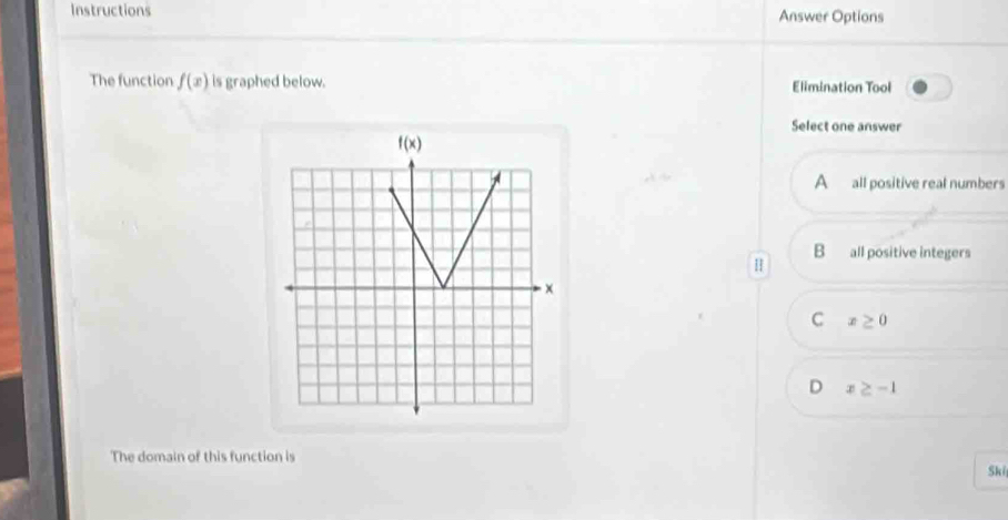 Instructions Answer Options
The function f(x) is graphed below. Elimination Tool
Select one answer
A all positive real numbers
B all positive integers
H
C x≥ 0
D x≥ -1
The domain of this function is
Ski