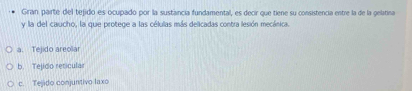 Gran parte del tejido es ocupado por la sustancia fundamental, es decir que tiene su consistencia entre la de la gelatina
y la del caucho, la que protege a las células más delicadas contra lesión mecánica.
a. Tejido areolar
b. Tejido reticular
c. Tejido conjuntivo laxo