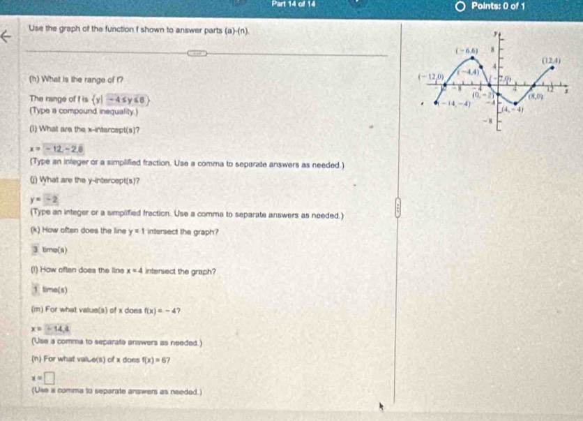 Use the graph of the function I shown to answer parts (a)· (n)
(h) What is the range of ?
The range of I is  y|-4≤ y≤ 6
(Type a compound inequality.) 
(1) What are the x-intercept(s)?
x=-12,-2.8
(Type an integer or a simplified fraction. Use a comma to separate answers as needed.)
(j) What are the y-intercept(s)?
y=-2
(Type an integer or a simplified fraction. Use a comma to separate answers as needed.)
(k) How often does the line y=1 intersect the graph?
3 time(s)
(l) How often does the line x=4 intersect the graph?
1 time(s)
(m) For what value(s) of x does f(x)=-4 7
x=-14.4
(Use a comma to separate answers as needed.)
(n) For what value(8) of x does f(x)=6 ?
x=□
(Use a comma to separate answers as needed.)