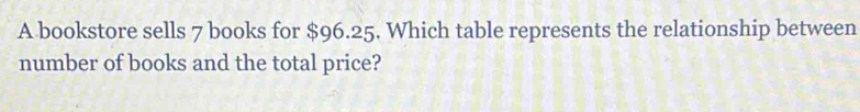 A bookstore sells 7 books for $96.25. Which table represents the relationship between 
number of books and the total price?