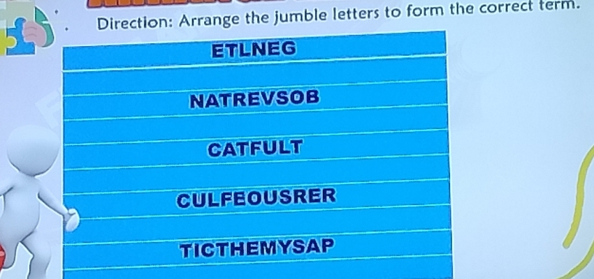 Direction: Arrange the jumble letters to form the correct term.
ETLNEG
NATREVSOB
CATFULT
CULFEOUSRER
TICTHEMYSAP