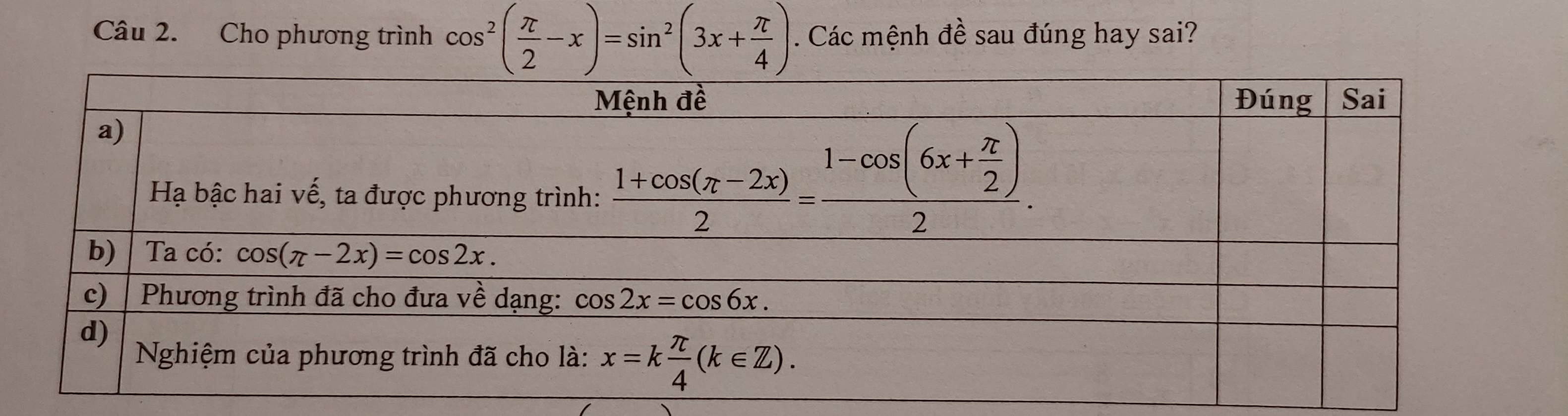 Cho phương trình cos^2( π /2 -x)=sin^2(3x+ π /4 ). Các mệnh đề sau đúng hay sai?