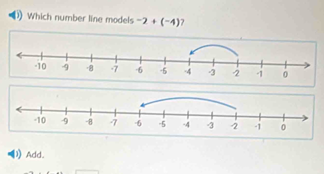 Which number line models -2+(-4) 7 
Add.