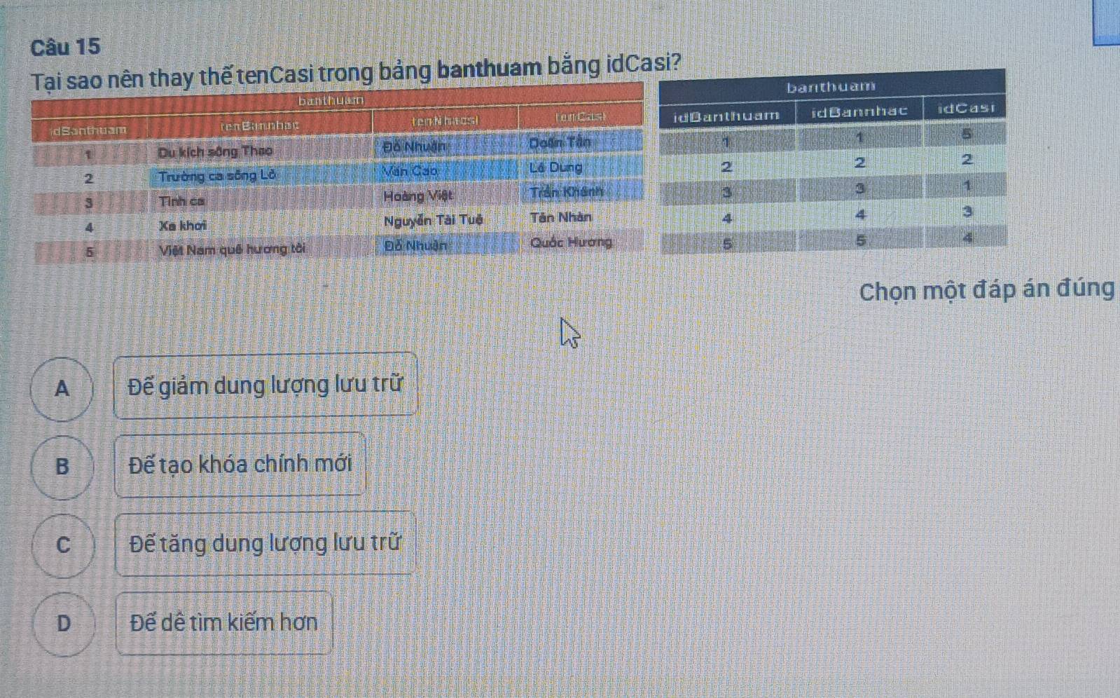 enCasi trong bảng banthuam bằng idC
Chọn một đáp án đúng
A Đế giảm dung lượng lưu trữ
B Đế tạo khóa chính mới
C Đế tăng dung lượng lưu trữ
D Để dề tìm kiếm hơn