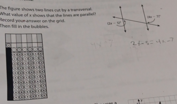 The figure shows two lines cut by a transversal.
What value of x shows that the lines are parallel?
Record your answer on the grid.
Then fill in the bubbles.
y