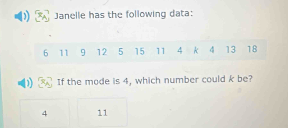 Janelle has the following data:
6 11 9 12 5 15 11 4 k 4 13 18
If the mode is 4, which number could k be?
4
11