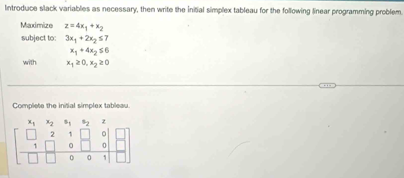 Introduce slack variables as necessary, then write the initial simplex tableau for the following (inear programming problem. 
Maximize z=4x_1+x_2
subject to: 3x_1+2x_2≤ 7
x_1+4x_2≤ 6
with x_1≥ 0, x_2≥ 0
Complete the initial simplex tableau.
x_1 x_2s_1s_2
beginbmatrix □ &2&1&□ &0 1&□ &0&□ &0 □ &0&0&1endbmatrix