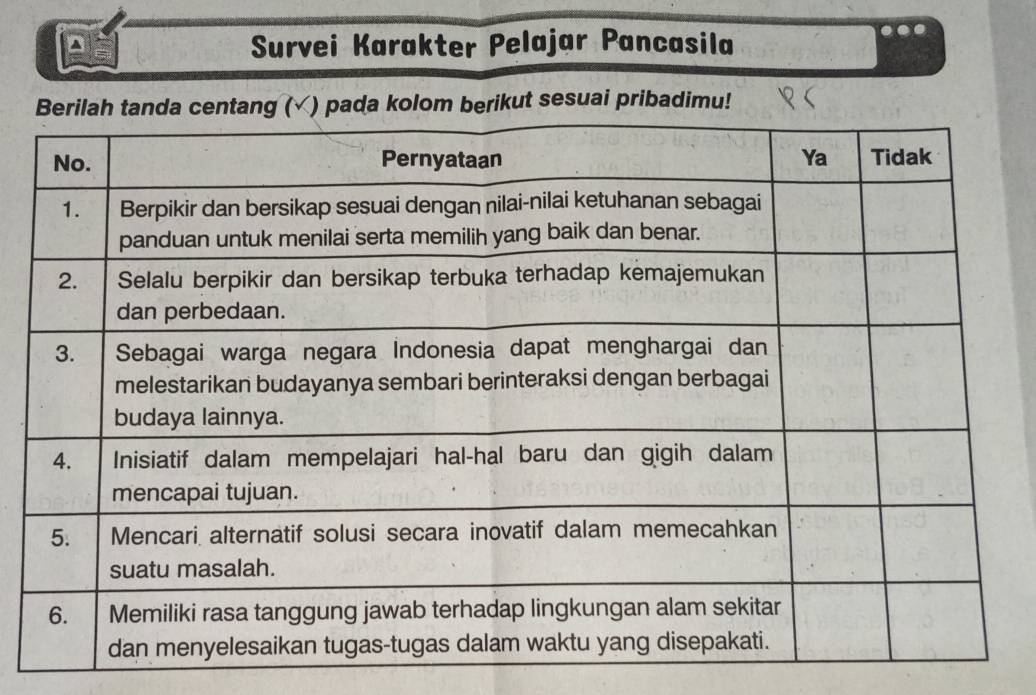 Survei Karakter Pelajar Pancasila 
da kolom berikut sesuai pribadimu!