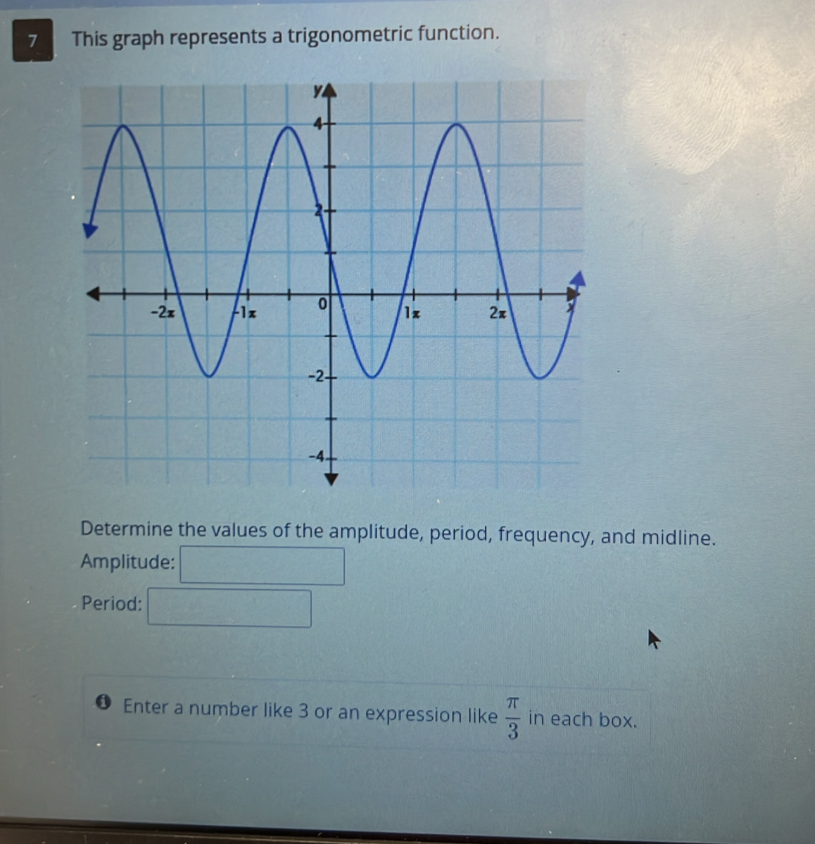 This graph represents a trigonometric function. 
Determine the values of the amplitude, period, frequency, and midline. 
Amplitude:  1/2 am=0)  1/4 
Period: □ 
Enter a number like 3 or an expression like  π /3  in each box.