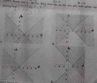 C, -8
D. −10
HPT Thanh Oai A - Hà Nội 2023) Hình nào sau đây biểu diễn miễn nghiệm của
phương trình beginarrayl x+y≥ 2 x-y≤ 2endarray.
A.

HPT
D.