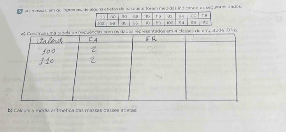 As massas, em quilogramas, de alguns atletas de basquete foram medidas indicando os seguintes dados: 
dados representados em 4 classes de amplitude 10 kg. 
b) Calcule a média aritmética das massas desses atletas.