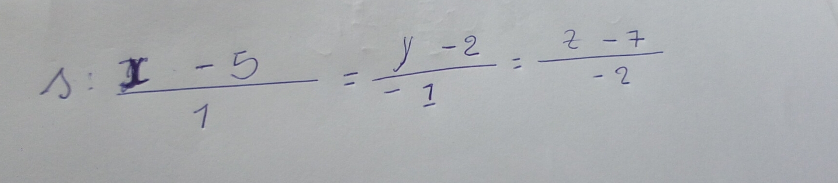 1: (x-5)/1 = (y-2)/-1 = (z-7)/-2 