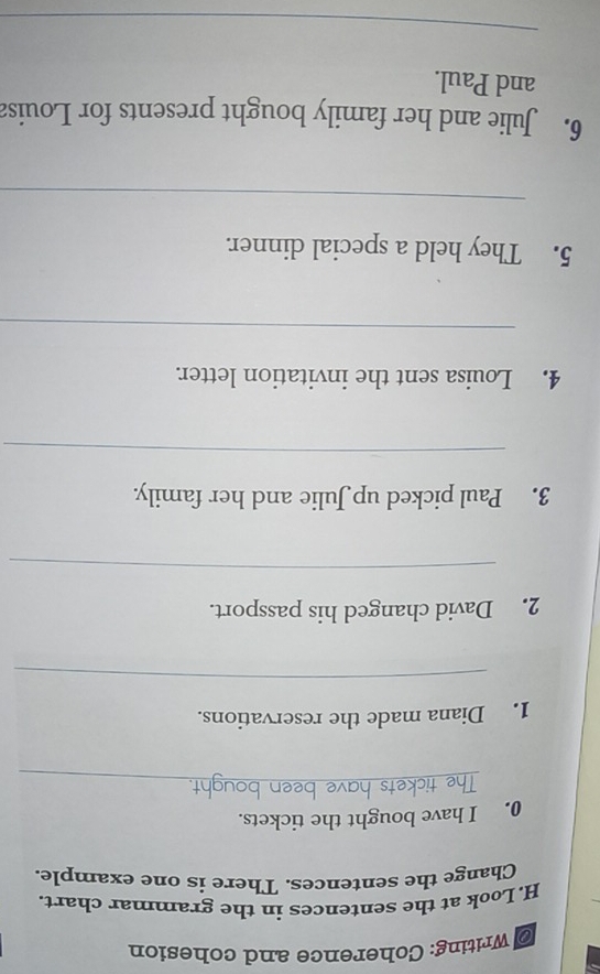 Writing: Coherence and cohesion 
H. Look at the sentences in the grammar chart. 
Change the sentences. There is one example. 
0. I have bought the tickets. 
The tickets hav_ 
1. Diana made the reservations. 
_ 
2. David changed his passport. 
_ 
3. Paul picked up Julie and her family. 
_ 
4. Louisa sent the invitation letter. 
_ 
5. They held a special dinner. 
_ 
6. Julie and her family bought presents for Louisa 
and Paul. 
_