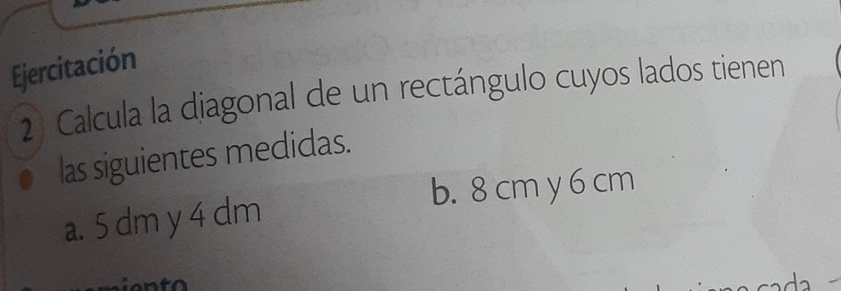 Ejercitación 
2 Calcula la diagonal de un rectángulo cuyos lados tienen 
las siguientes medidas. 
b. 8 cm y 6 cm
a. 5 dm y 4 dm