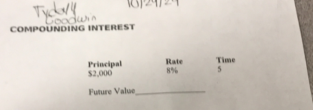 COMPOUNDING INTEREST 
Rate Time 
Principal 8% 5
$2,000
Future Value_