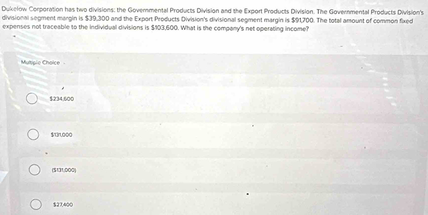 Dukelow Corporation has two divisions: the Governmental Products Division and the Export Products Division. The Governmental Products Division's
divisional segment margin is $39,300 and the Export Products Division's divisional segment margin is $91,700. The total amount of common fixed
expenses not traceable to the individual divisions is $103,600. What is the company's net operating income?
Multiple Choice
$234,600
$131,000
($131,000)
$27,400