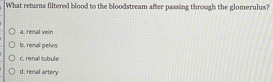 What returns filtered blood to the bloodstream after passing through the glomerulus?
a. renal vein
b. renal pelvis
c. renal tubule
d. renal artery