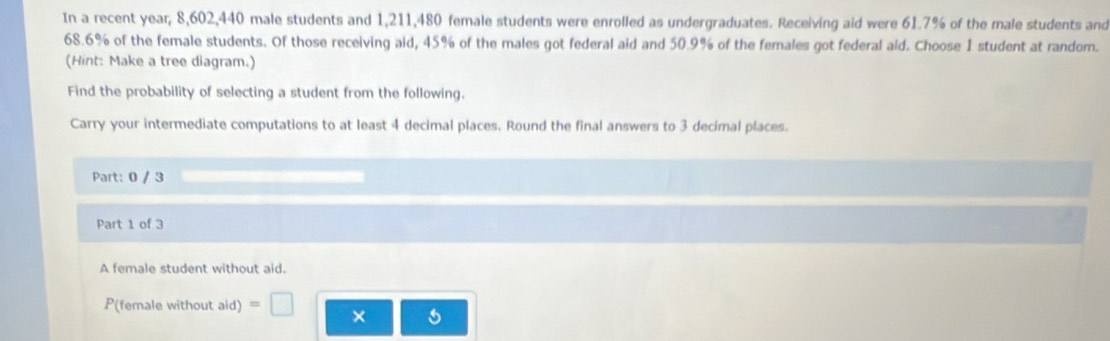 In a recent year, 8,602, 440 male students and 1,211,480 female students were enrolled as undergraduates. Receiving aid were 61.7% of the male students and
68.6% of the female students. Of those receiving aid, 45% of the males got federal aid and 50.9% of the females got federal aid. Choose 1 student at random. 
(Hint: Make a tree diagram.) 
Find the probability of selecting a student from the following. 
Carry your intermediate computations to at least 4 decimal places. Round the final answers to 3 decimal places. 
Part: 0 / 3 
Part 1 of 3 
A female student without aid. 
P(female without aid) =□ ×