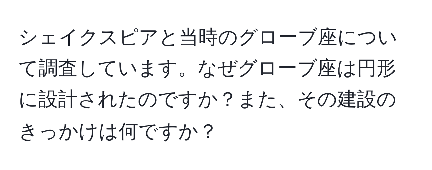 シェイクスピアと当時のグローブ座について調査しています。なぜグローブ座は円形に設計されたのですか？また、その建設のきっかけは何ですか？