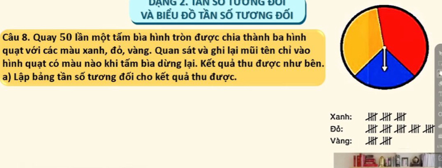 DÁNG 2. TAN S0 T0ỞNG ĐÜI 
vÀ biểu đồ tần số tương đối 
Câu 8. Quay 50 lần một tấm bìa hình tròn được chia thành ba hình 
quạt với các màu xanh, đỏ, vàng. Quan sát và ghi lại mũi tên chỉ vào 
hình quạt có màu nào khi tấm bìa dừng lại. Kết quả thu được như bên. 
a) Lập bảng tần số tương đối cho kết quả thu được. 
Xanh; 
Đỏ: J J J J J 
Vàng: