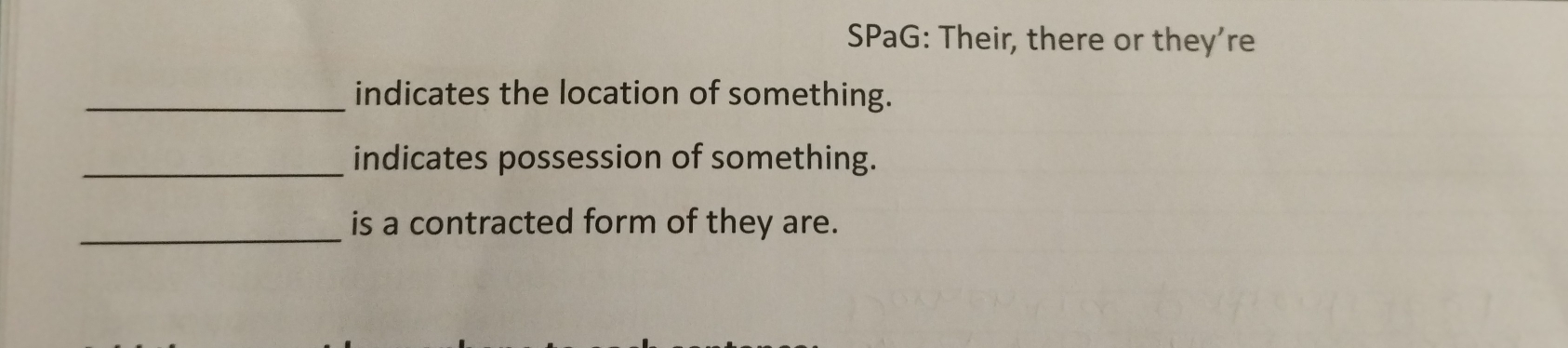 SPaG: Their, there or they're 
_indicates the location of something. 
_indicates possession of something. 
_is a contracted form of they are.