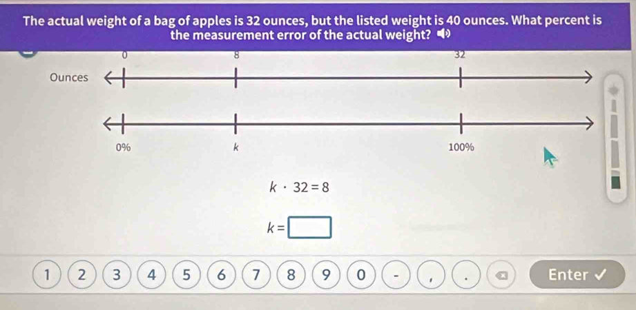 The actual weight of a bag of apples is 32 ounces, but the listed weight is 40 ounces. What percent is 
the measurement error of the actual weight? •
k· 32=8
k= □ 
1 2 3 4 5 6 7 8 9 0 Enter 
03