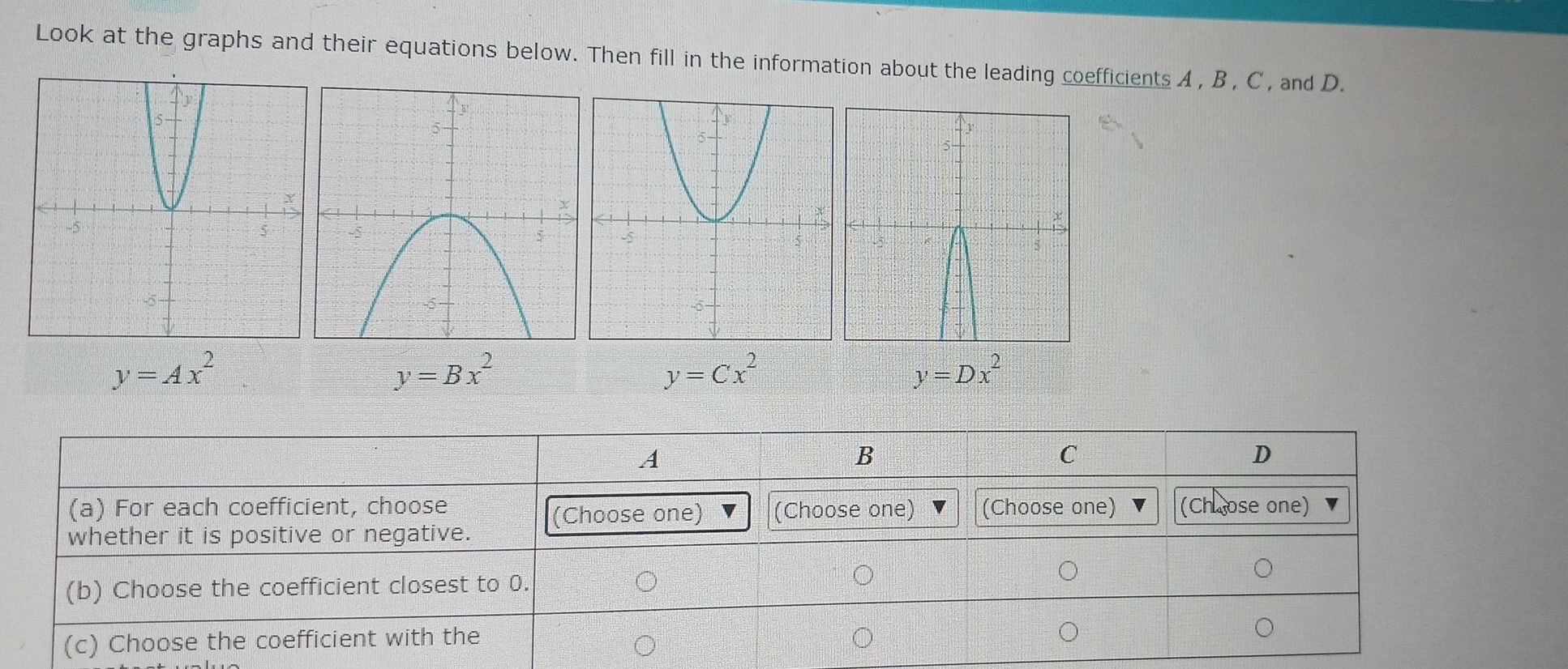 Look at the graphs and their equations below. Then fill in the information about the leading coefficients A , B , C , and D.

y=Ax^2
y=Bx^2
y=Cx^2
y=Dx^2
A
B
C
D
(a) For each coefficient, choose (Choose one) (Choose one) (Choose one) (Chrose one)
whether it is positive or negative.
(b) Choose the coefficient closest to 0.
(c) Choose the coefficient with the