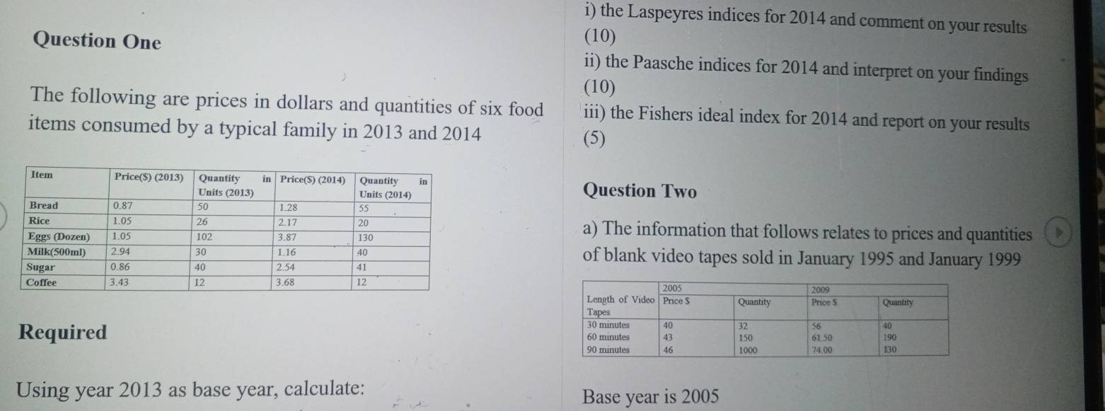 the Laspeyres indices for 2014 and comment on your results 
(10) 
Question One ii) the Paasche indices for 2014 and interpret on your findings 
(10) 
The following are prices in dollars and quantities of six food iii) the Fishers ideal index for 2014 and report on your results 
items consumed by a typical family in 2013 and 2014
(5) 
Question Two 
a) The information that follows relates to prices and quantities 
of blank video tapes sold in January 1995 and January 1999

Required 
Using year 2013 as base year, calculate: 
Base year is 2005