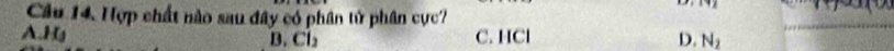 Hợp chất nào sau đây có phân tử phân cực?
A.Hg Cl_2 C. HCl D. N_2
B.