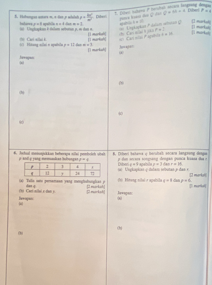 Diberi bahawa P berubah secara langsung dengan 
5. Hubungan antara m, n dan ρ adalah p= kπ^3/m^2 . Diberi punça kuasa dua Q đan Q=6h+4 Diberi P=4
bahawa p=8 spabila n=4 dan m=2. apabila h=10. 
(a) Ungkapkan k dalam sebutan p, m dan n. (a) Ungkapkan P dalam sebutan Q [2 markah] 
[1 markah] (b) Cari nilai ā jika P= 7
[1 markah] 
(b) Cari nilai k. [l markah] (c) Cari mlai Papabila h=16 [1 markah] 
(c) Hitung nilai π apabila p=12 dan m=3. 
[1 markah] Jawapan: 
(a) 
Jawapan: 
(a) 
(b) 
(b) 
(c) 
(c) 
6. Jadual menunjukkan beberapa nilai pemboleh ubah 8. Diberi bahawa q berubah secara langsung dengan
p and q yang memuaskan hubungan palpha q. p dan secara songsang dengan punca kuasa dua . 
Diberi q=9 apabila p=3 dan r=16. 
(a) Ungkapkan q dalam sebutan p dan r. 
[2 markah] 
(a) Tulis satu persamaan yang menghubungkan p (b) Hitung nilai r apabila q=8danp=6. 
dan q. [2 markah] [1 markah] 
(b) Cari nilai x dan y. [2 markah] Jawapan: 
Jawapan: (a) 
(a) 
(b) 
(b)