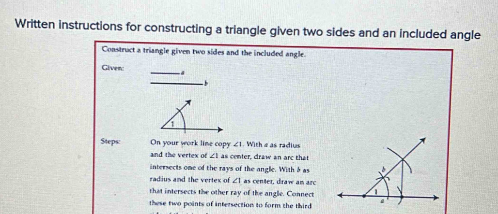 Written instructions for constructing a triangle given two sides and an included angle 
Construct a triangle given two sides and the included angle. 
Given: 
b 
1 
Steps: On your work line copy ∠ 1. With e as radius 
and the vertex of ∠ 1 as center, draw an arc that 
intersects one of the rays of the angle. With b as b 
radius and the vertex of ∠ 1 as center, draw an arc 
that intersects the other ray of the angle. Connect 
1 
these two points of intersection to form the third 
a