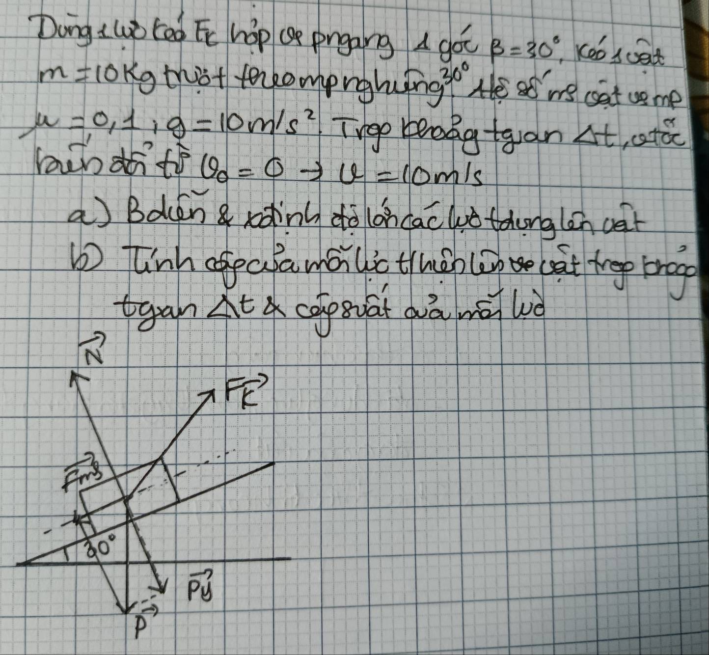 Dong twò ted Fe hop (se prgang A got beta =30° ,Kebscat
m=10kg thist tokomprghy 300 He so we cat ce me
mu =0,1, g=10m/s^2 Trgo beaag tguan Delta t atcc
v_0=0to v=10m/s
a Boken rding do loncac luetohonglon cat
linh ase afa mai li trma lin cat tree brog
tgan Delta t △ capsuat aá wā liè
vector N
vector FK
vector F_mS
30°
vector Py
p