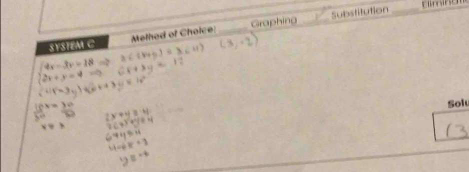 SYSIZM C Melhed of Choice: _Graphing _Substitution_
beginarrayl 4x-3y=18=1 2x+y=4Rightarrow endarray. at
(4)(3y)
18x= 30/20  Solu