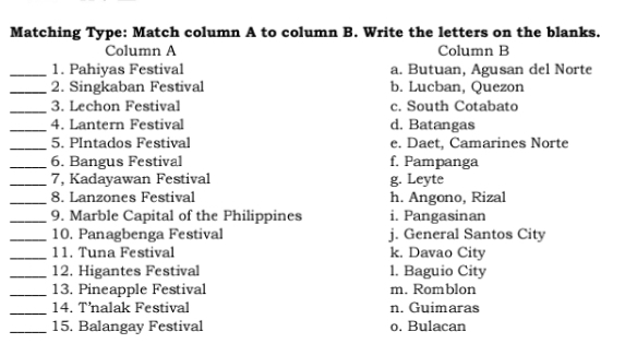 Solved: Matching Type: Match column A to column B. Write the letters on ...
