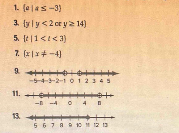  a|a≤ -3
3.  y|y<2</tex> or y≥ 14
5.  t|1
7.  x|x!= -4
9 
1
13